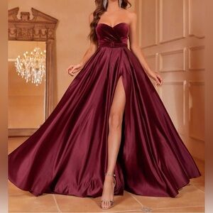 Faeriesty Elegant Burgundy Velvet Bodice Satin Strapless Gown Dress